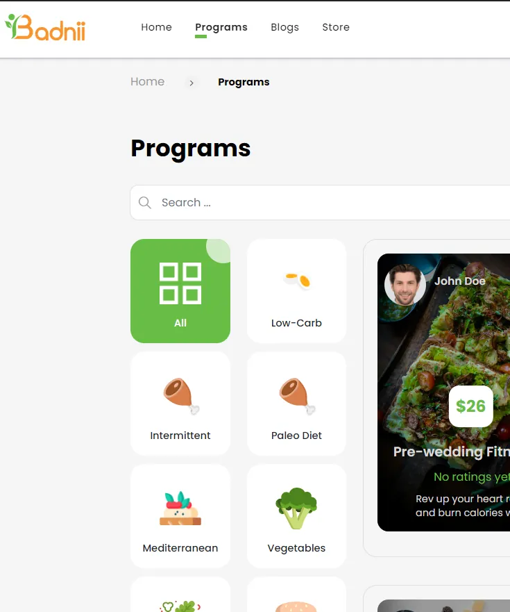 Page des programmes de l'application BADNII