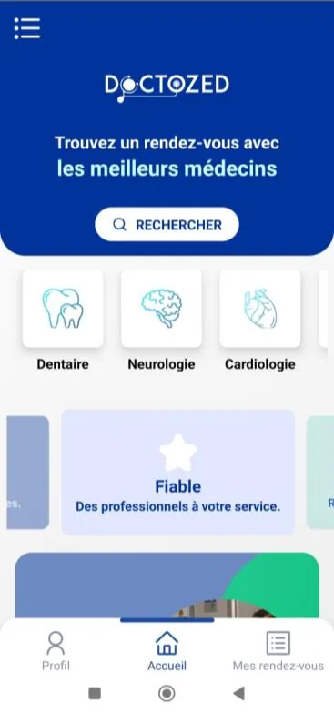 Accueil de l'application DOCTOZED par spécialité